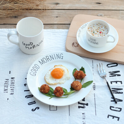 创意骨瓷餐盘字母盘 蛋糕陶瓷盘GOOD MORNING早餐盘 咖啡杯碟茶杯