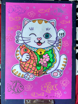 卡纸画。猫吃鱼
