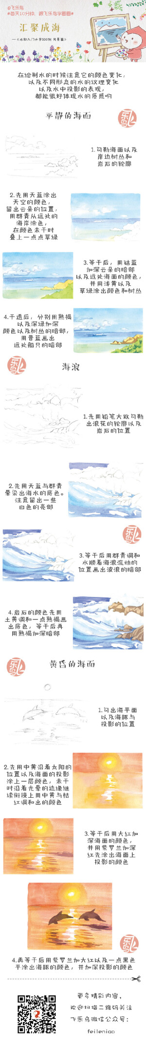 #每天10分钟，跟飞乐鸟学画画#让我们乘着风去海边吧！你最喜欢大海什么样的状态呢？