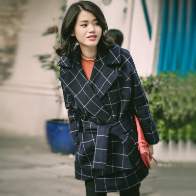 中长款呢子外套女秋冬女装西装领韩版宽松气质系带大衣