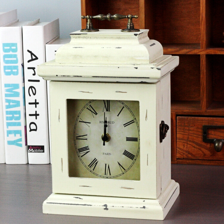 美式乡村复古做旧木质白色座钟 钥匙柜首饰盒 家居装饰钟表摆件