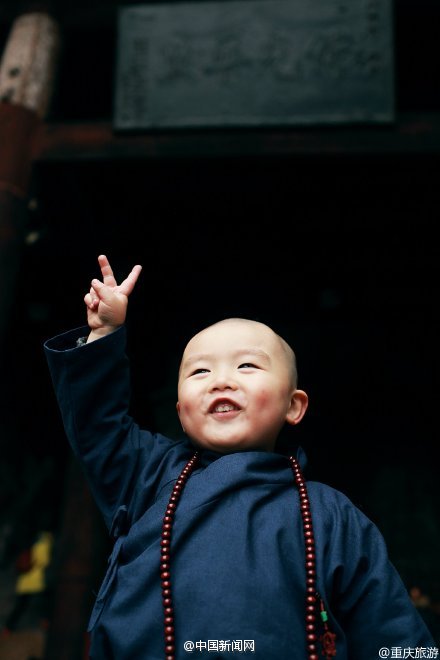 这对兄弟来自重庆合川涞滩，3岁的大师兄和1岁的小师弟，连路都还走不稳，就在二佛寺里晃悠玩耍，简直萌得不要不要的！