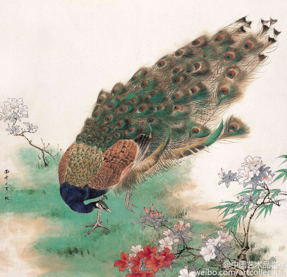 #工笔画#【 田世光 《花鸟图》 】田世光（1916—1999）长期从事花鸟、山水画创作，继承了宋元派双勾重彩工笔花鸟画的优良传统技法，并赋之予新的时代精神。田世光以工笔花鸟画见长，他造型神逸、笔法多端、设色鲜快，春光景明，构成了先生一大、二亮、三曲的艺术风格，作品既精致入微，又气势磅礴。