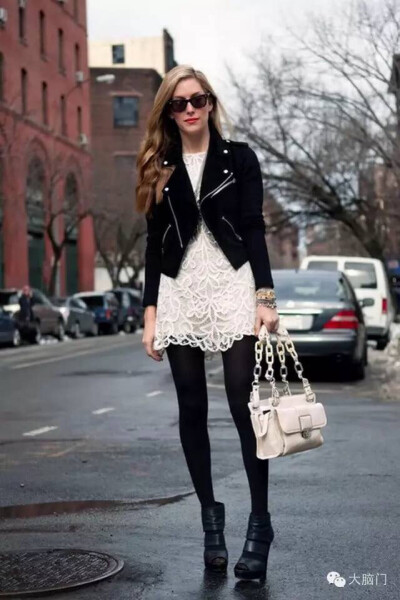 Leather jacket + white lace dress