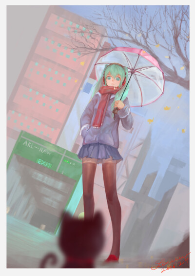 When I met you P站 二次元 插画 少女 头像 原创 壁纸 初音未来 VOCALOID 猫 雨中 Luw [pixiv] id=55090916