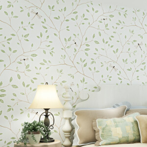 普纳清新美式田园树叶墙纸环保纯纸 温馨卧室客厅背景墙壁纸蜻蜓