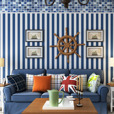普纳 深蓝色地中海竖条纹纯纸壁纸 卧室客厅沙发背景墙墙纸