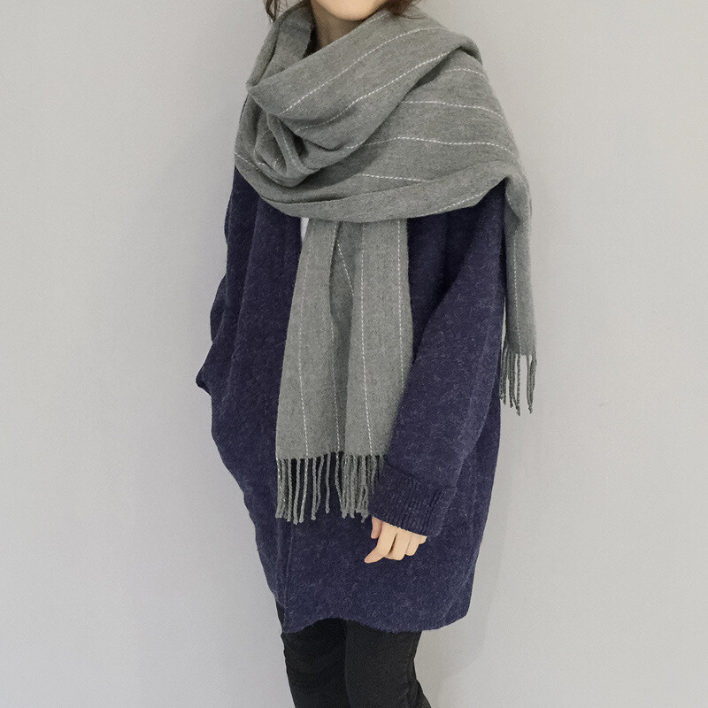 韩版羊绒女士围巾冬季百搭条纹流苏保暖双面披肩两用长款