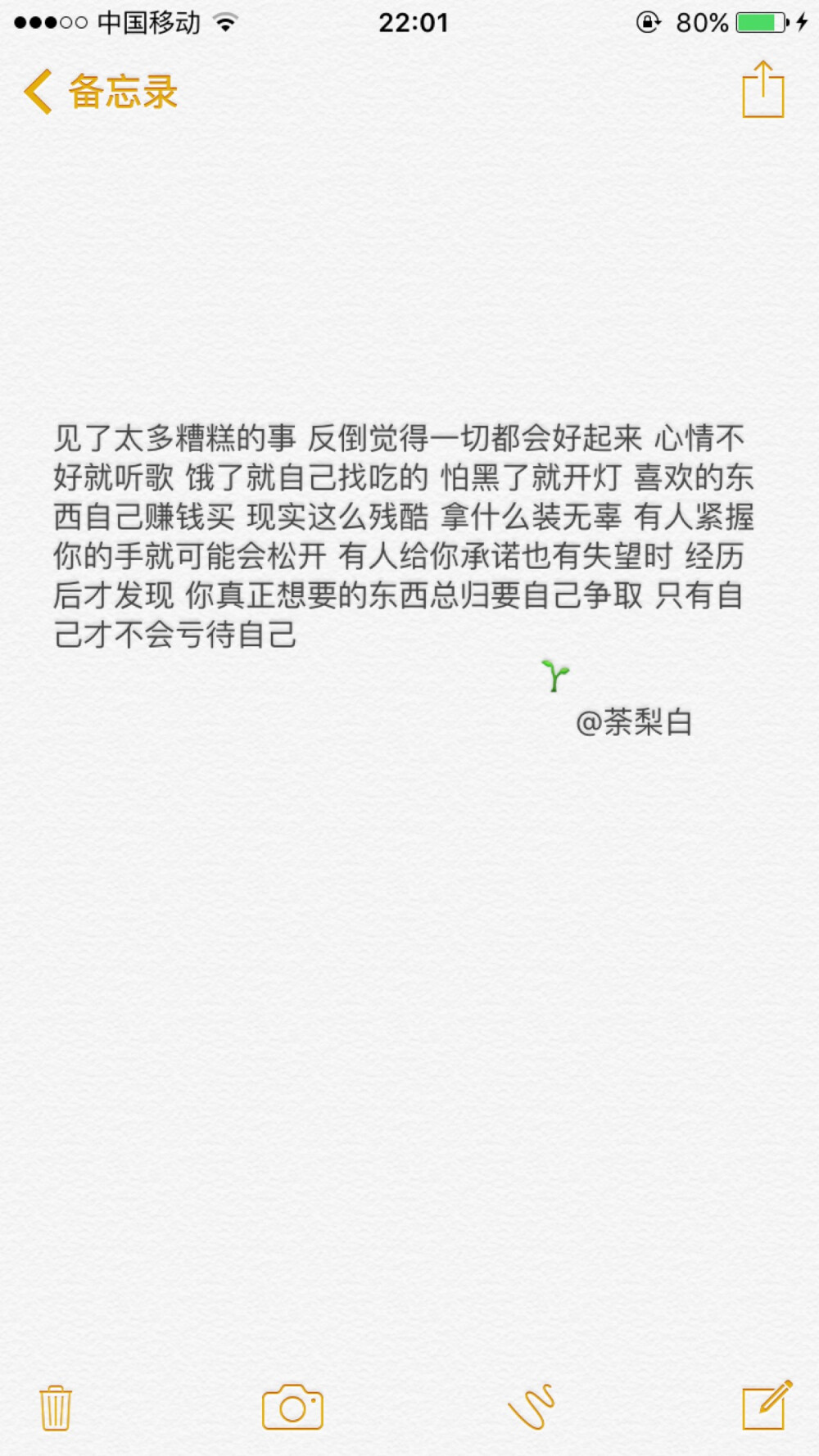 备忘录文字。见了太多糟糕的事 反倒觉得一切都会好起来 心情不好就听歌 饿了就自己找吃的 怕黑了就开灯 喜欢的东西自己赚钱买 现实这么残酷 拿什么装无辜 有人紧握你的手就可能会松开 有人给你承诺也有失望时 经历后才发现 你真正想要的东西总归要自己争取 只有自己才不会亏待自己