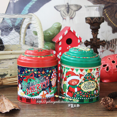 出口单zakka杂货马口铁绚丽节日圣诞风格茶叶收纳罐子盒子两色入