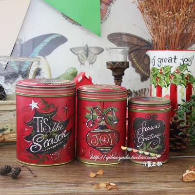 出口单zakka杂货复古手绘风圣诞树哑光面马口铁罐子饼干糖茶套盒