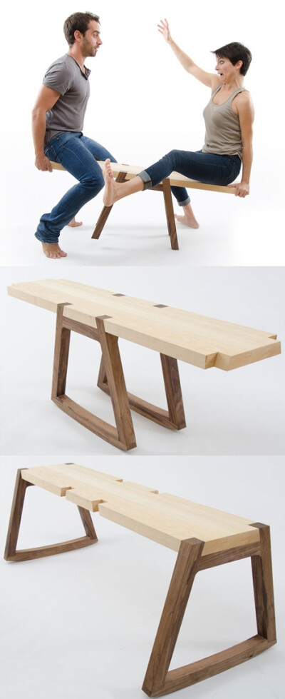 双床板凳‖意大利设计师Andrea Rekalidis利用木凳腿，把它变成一个拉锯式跷跷板