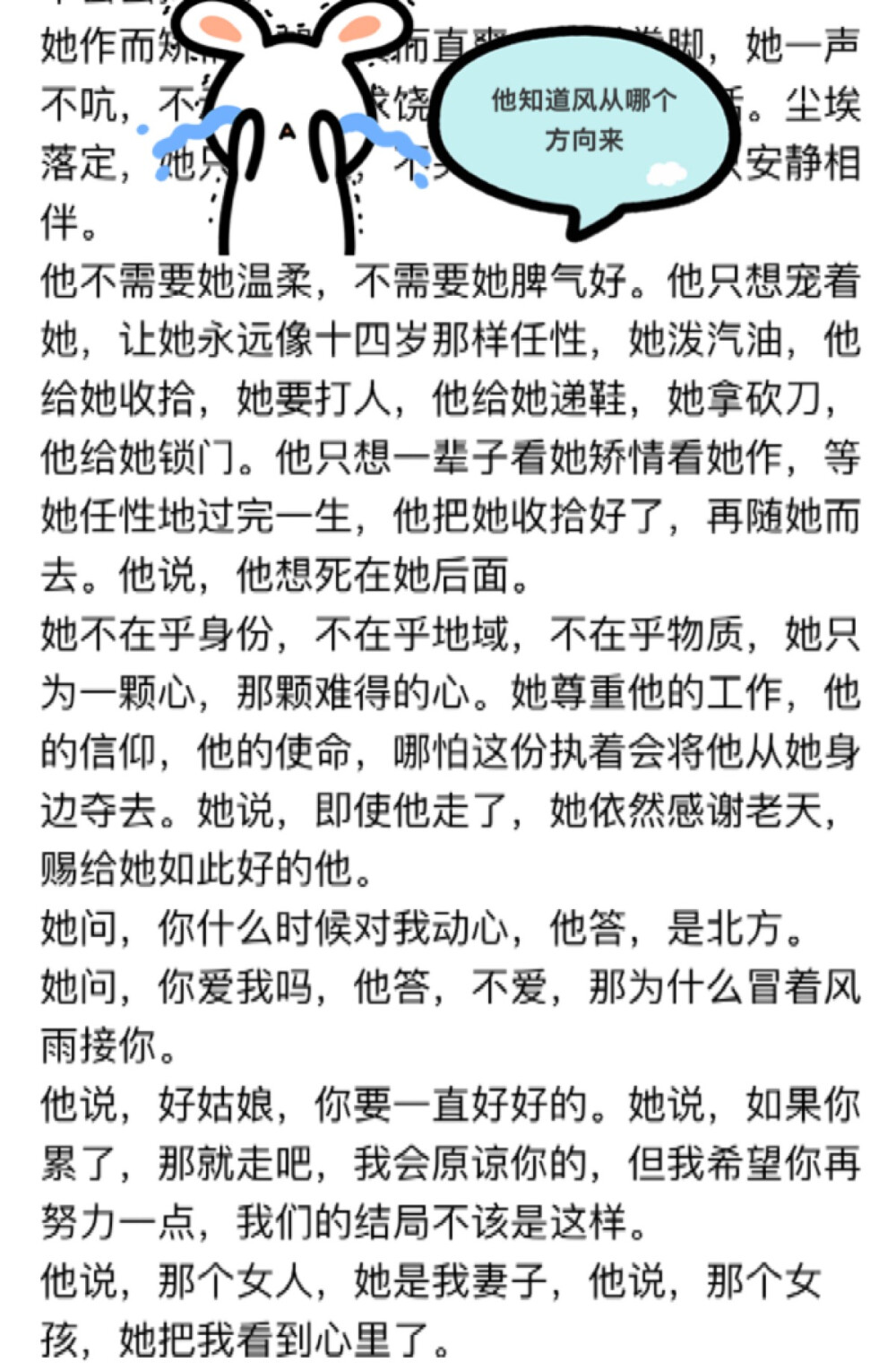 我不知道为什么泪目了，或许某个点打到我心坎里去了，回头才发现早已泪流满面……这样确切的爱，一生只有一次“他知道风从哪个方向来---玖月晞” 