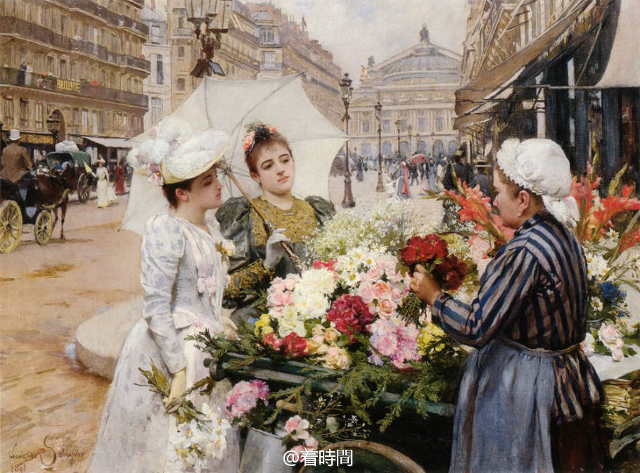 #Louis Marie de Schryver # 路易斯·玛丽·德·施莱佛1862―1942爱好描绘所谓的“美丽时代”的巴黎，他的存世作品大量都是卖花女和买花人互动的题材，为何呢，首先小编推测是大量的人喜欢购入这类型的作品，所以才会有相似的画作，不过神态各异服装也穿越了时代和阶层，很有看头。