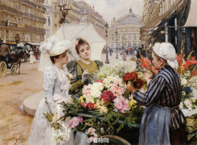 #Louis Marie de Schryver # 路易斯·玛丽·德·施莱佛1862―1942爱好描绘所谓的“美丽时代”的巴黎，他的存世作品大量都是卖花女和买花人互动的题材，为何呢，首先小编推测是大量的人喜欢购入这类型的作品，所以才会有…