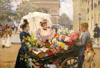 #Louis Marie de Schryver # 路易斯·玛丽·德·施莱佛1862―1942爱好描绘所谓的“美丽时代”的巴黎，他的存世作品大量都是卖花女和买花人互动的题材，为何呢，首先小编推测是大量的人喜欢购入这类型的作品，所以才会有…