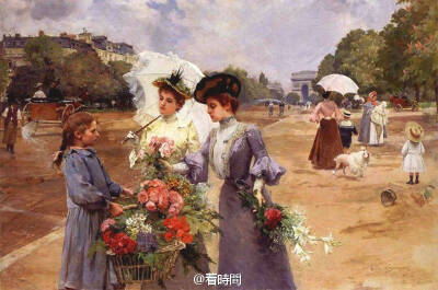 #Louis Marie de Schryver # 路易斯·玛丽·德·施莱佛1862―1942爱好描绘所谓的“美丽时代”的巴黎，他的存世作品大量都是卖花女和买花人互动的题材，为何呢，首先小编推测是大量的人喜欢购入这类型的作品，所以才会有…