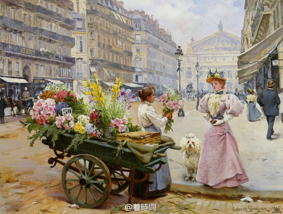 #Louis Marie de Schryver # 路易斯·玛丽·德·施莱佛1862―1942爱好描绘所谓的“美丽时代”的巴黎，他的存世作品大量都是卖花女和买花人互动的题材，为何呢，首先小编推测是大量的人喜欢购入这类型的作品，所以才会有相似的画作，不过神态各异服装也穿越了时代和阶层，很有看头。