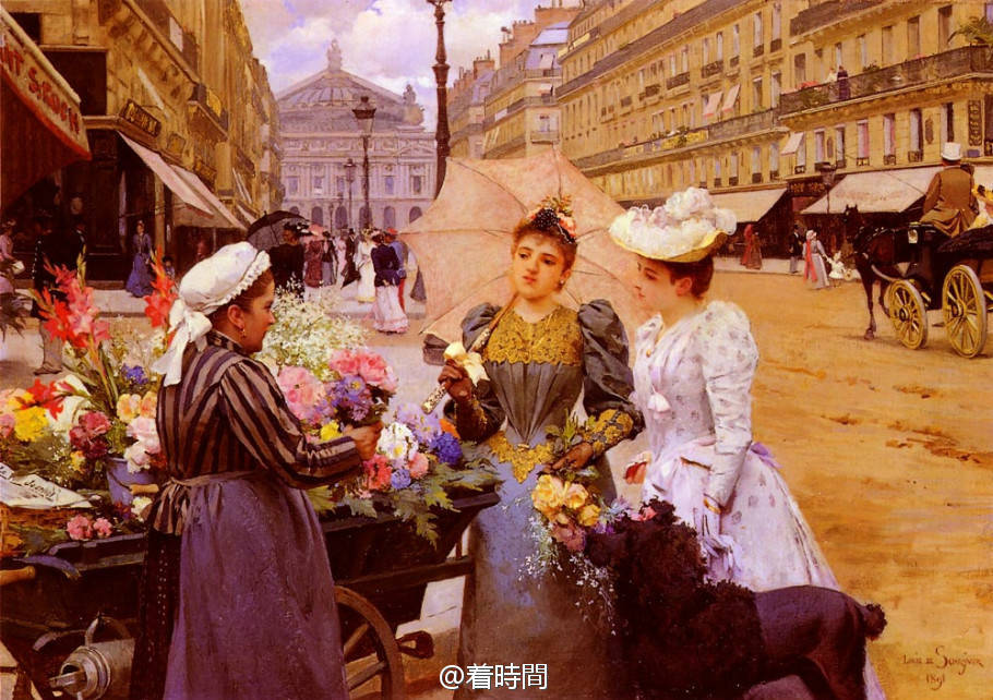 #Louis Marie de Schryver # 路易斯·玛丽·德·施莱佛1862―1942爱好描绘所谓的“美丽时代”的巴黎，他的存世作品大量都是卖花女和买花人互动的题材，为何呢，首先小编推测是大量的人喜欢购入这类型的作品，所以才会有相似的画作，不过神态各异服装也穿越了时代和阶层，很有看头。