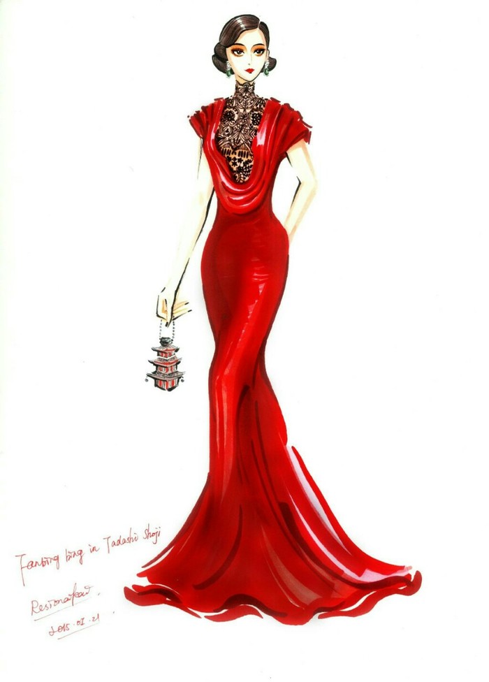 手绘范冰冰红色系礼服