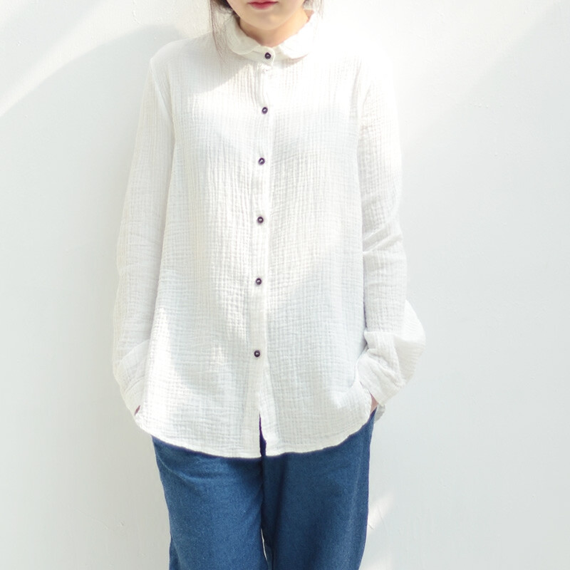 26105※日系简约双层纯棉软绵绵皱皱潘彼得小圆领宽松衬衫白色