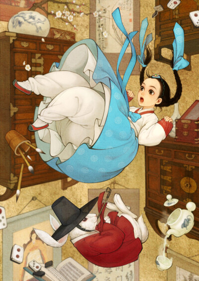 爱丽丝 插画 动漫 女孩 钟表 复古 兔子 洛丽塔 