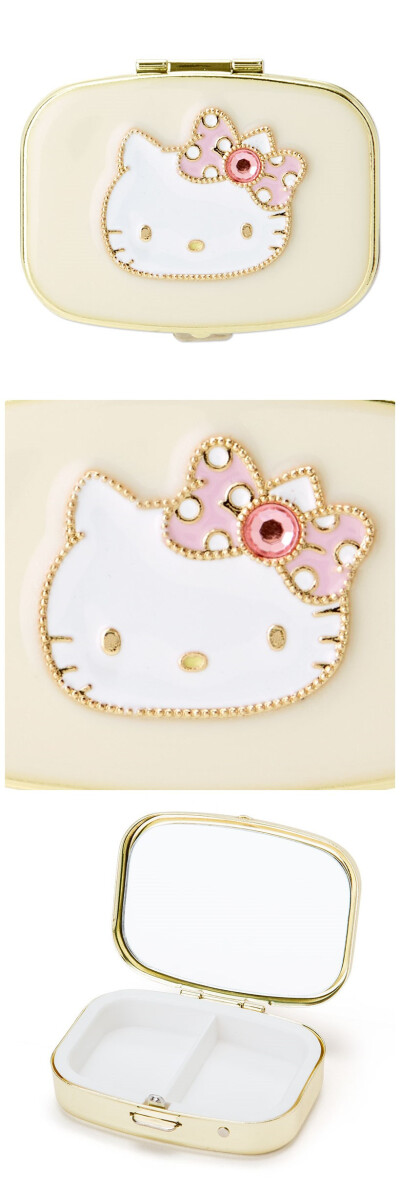 凯蒂猫Hello Kitty随身镜子小物收纳盒❤ハローキティ ミラー付き小物ケース(ストーン)：身だしなみに気を使う女子の強い味方☆，やさしいミルキーなトーンがかわいさを際立たせる★小分け収納に便利な仕切り付き♪~