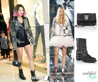 Philipp Plein:
Spring Summer 2016 Collection @ plein.com (Price upon application)
*Note: Hyoyeon’s jacket is in black
Chained Pochette @ plein.com €1,056
‘Highway’ Boots @ plein.com €1,227