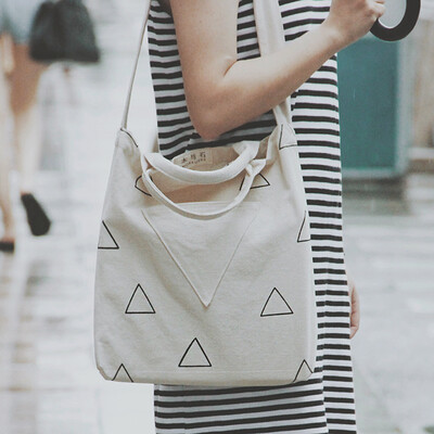 木与石 几何系列单肩包 原创文艺简约购物袋手提斜跨印花帆布包女