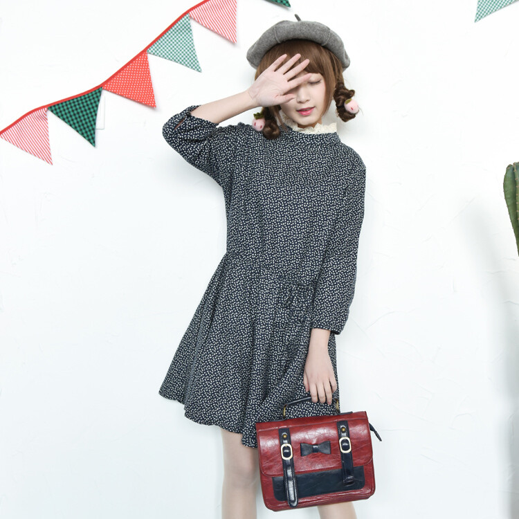 卖完不补货森女部落2016春装女装森女系蕾丝拼接小立领连衣裙