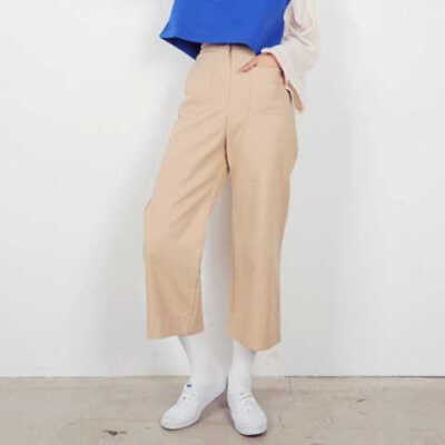 韩国stylenanda 唯美纯色对称口袋8分阔腿裤米色