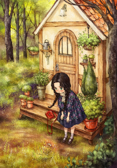 春日系列_门前的小花 ~ 来自韩国插画家Aeppol 的「森林女孩日记-2016」系列插画。
