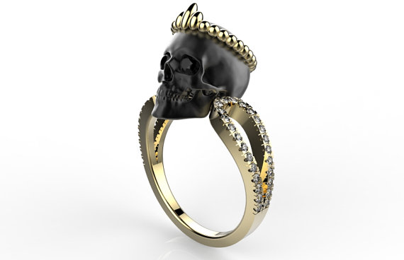 14 K Yellow Gold Skull Diamond Ring, Bohemian Ring, Oxidized Silver
Skull &amp; Yellow Gold Diamond Ring