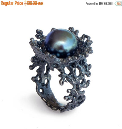 SALE 20% OFF - CORAL Flower Black Pearl Ring, Black Ring, Black
Engagement Ring, Black Pearl Engagement Ring, Alternative Flower Ring