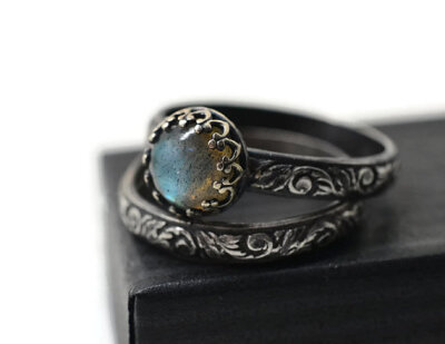 Labradorite Ring, Wedding Set, Renaissance Style Engagement Ring, Set of
Two, Natural Gemstone Ring, Oxidized Silver Labradorite Jewelry