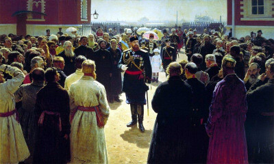 Admission township heads Emperor Alexander III in the courtyard of Petrovsky Palace in Moscow. 1885-1886