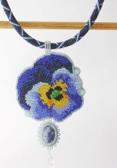 Pendant handmade Beaded beadwork Embroidered Pendant with embroidery
Pendant with sodalite Necklace with flower viola Pendant with gemstone