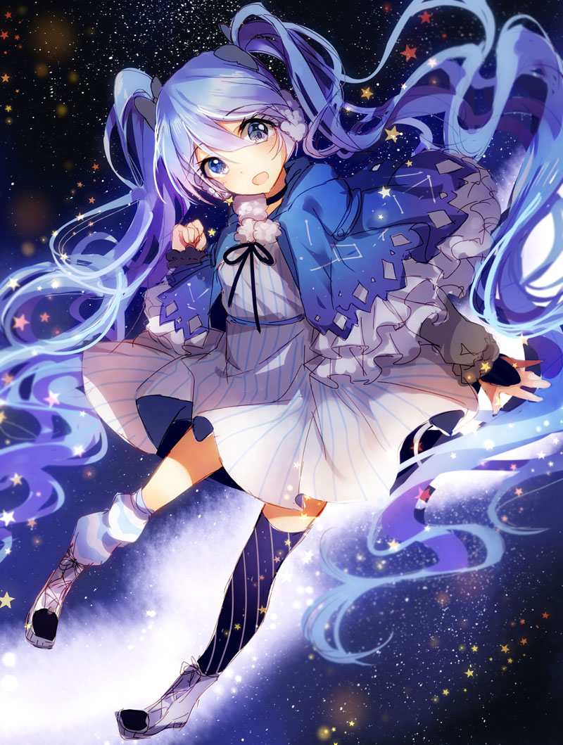 【id=55495338 画师：Bison仓鼠 标题：星降る冬の夜】初音未来，冬夜未来，星夜未来，P站，少女，星空，蓝色，冬天，动漫，V家，miku