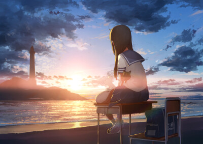 何も始まらなかった一日の終わりに
二次元妹子，海，日落，来自Pixiv事务所，画师【DOMO】id=1570898936