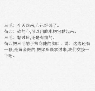 三毛和荷西的对话。总有一些细微的感动，让我们相信人间真情。