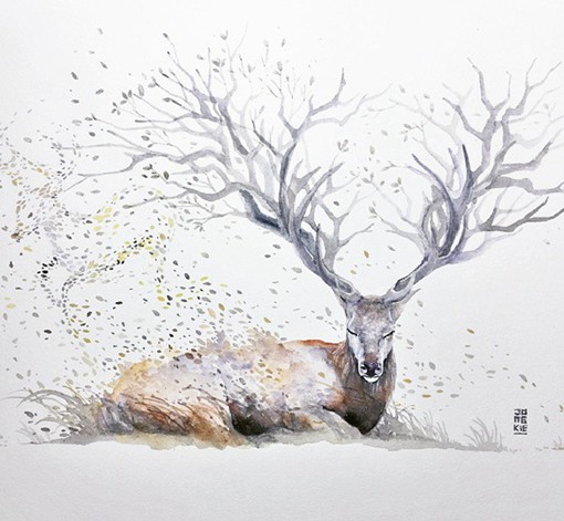 一组来自美国插画师Luqman Reza Mulyono的梦幻主义色彩的水彩画作品，多数以麋鹿为主，那鹿角的刻画尤为吸引人，很棒的水彩画。