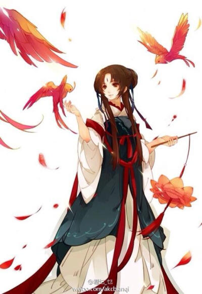 玉手执莲灯，丹眼轻翘扬。心付红翼鸟，纤纤情绕缠。