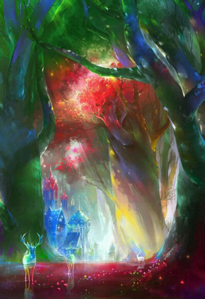 鹿，手绘，水彩，插画，唯美，壁纸，意境，森林