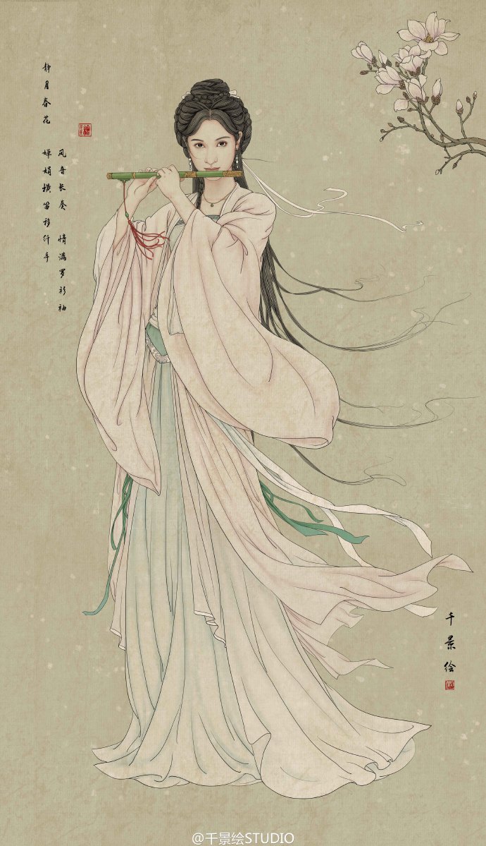 #雪花神劍##古裝女神# 《點(diǎn)絳唇》靜月春花,嬋娟橫笛移纖手。鳳音長(zhǎng)奏,情滿羅衫袖。繪師：千景繪