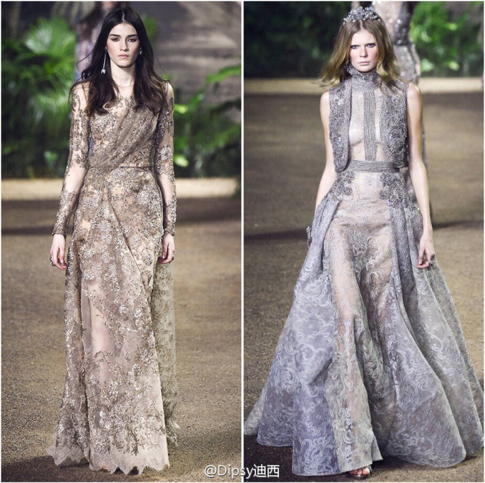 Elie Saab Haute Couture s/s 2016┃这季高定仙裙灵感来自南亚国度的传统纱丽～宝石金线钉珠刺绣，珠光宝气的元素一样不缺，怎么华丽怎么来～[色][色][色]天竺仙女[色][色][色]～