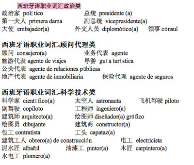 #每日西班牙语词汇积累# 俗话说得好三百六十行，行行出状元，虽然小编没有找到360那么多的职业词汇，不过小编还是找来了一些 日常生活中的一些，快来看看吧，看看哪个是你小时候的理想职业梦呢