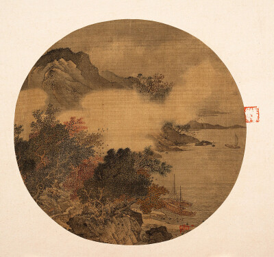 明 佚名 风雨泊舟图纨扇22.5×20.5cm.