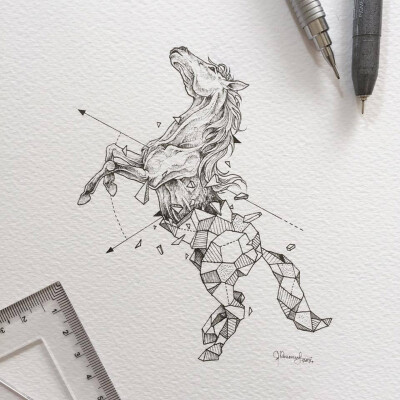 菲律宾画家 Kerby Rosanes 几何图形与动物融合插画Geometrica tattoo一半几何一半动物手绘图马手绘纹身素材