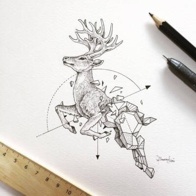 菲律宾画家 Kerby Rosanes 几何图形与动物融合插画Geometrica tattoo一半几何一半动物手绘图麋鹿插画鹿纹身素材