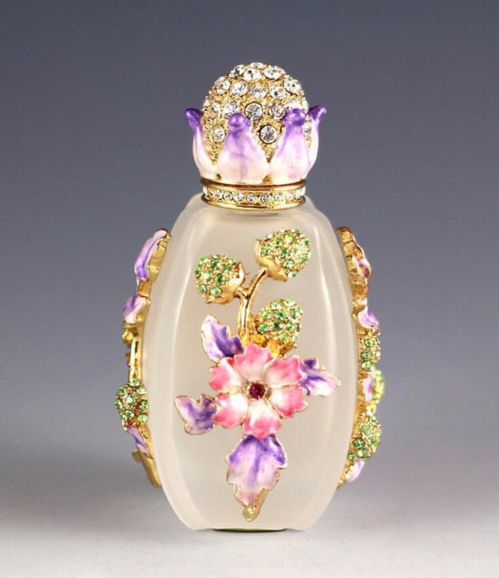 NEW FLORAL AUSTRIAN CRYSTALS GOLD PLATED DECORATIVE FROSTED GLASS PERFUME 